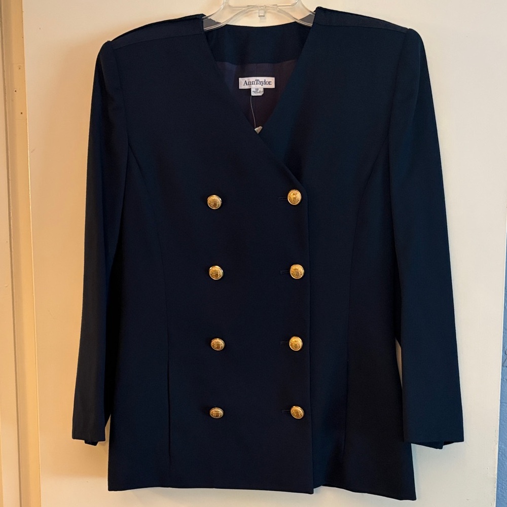 Ann Taylor Double-Breasted Navy Blazer with Gold Buttons